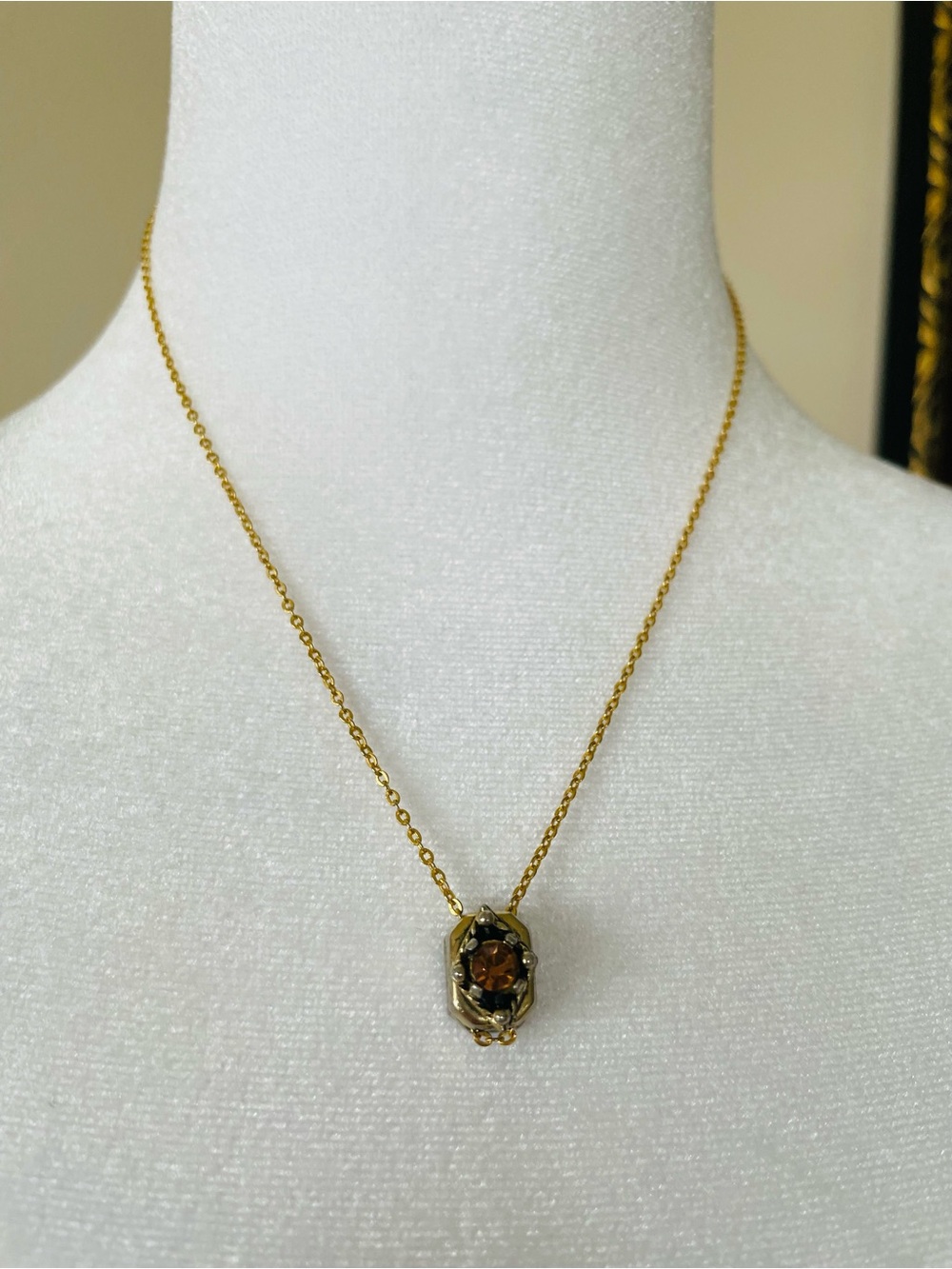 Gold Plated Chain with Lovely Prong Set
Amber Rhinestone Pendant Necklace.